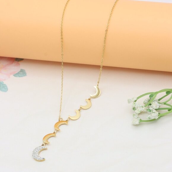 Gold Plated Moon Phase Necklace with Elegant Crescent Charms, XPNL0384 - Picture 7 of 13